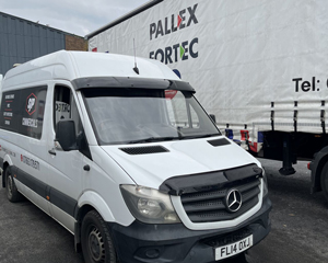 Mercedes van parked near a Pallex Fortec truck showing logistics and delivery services